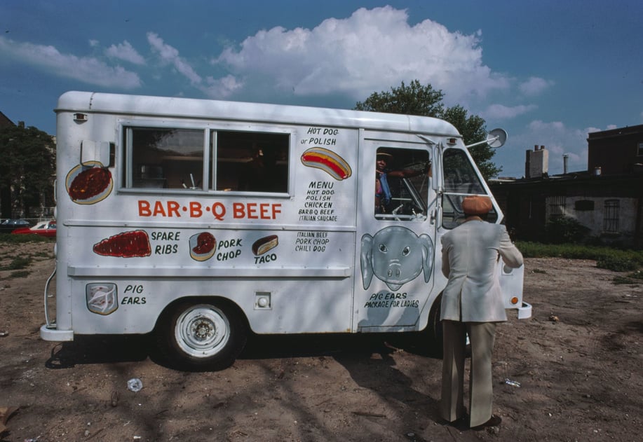 Street artists by foodtruck at Jazz Alley, 50th and Langley, Chicago by Jonas Dovydenas, 1977, American Folklife Center, Library of Congress.